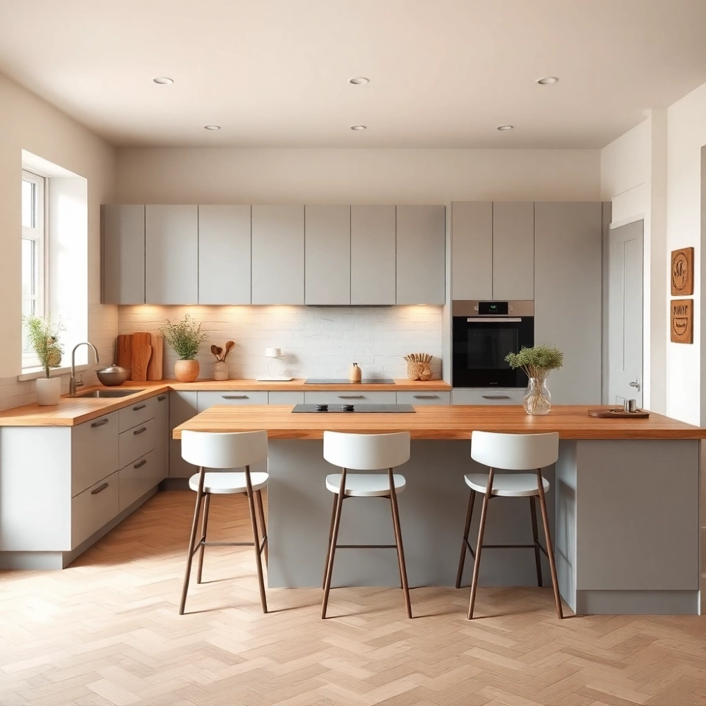 Jasno Szara Kuchnia Z Drewnianym Blatem