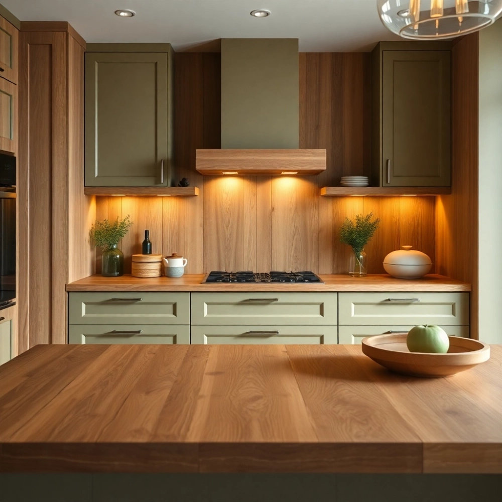Oliwkowa Kuchnia Z Drewnianym Blatem
