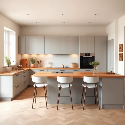 Jasno Szara Kuchnia Z Drewnianym Blatem